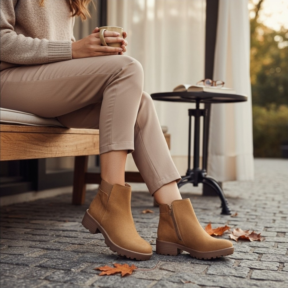 Sun + Stone Faux Microsuede Chelsea Zip On Lug Boots Booties - 7 M Camel Beige
